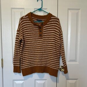 American Eagle Outfitters Brown and Cream Striped Henley Sweater
